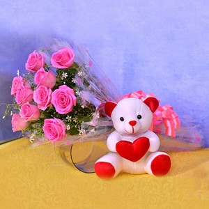 Pink Roses With Teddy Bear